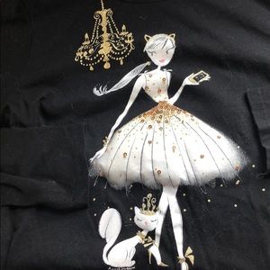 Long sleeve black shirt with ballerina and cat